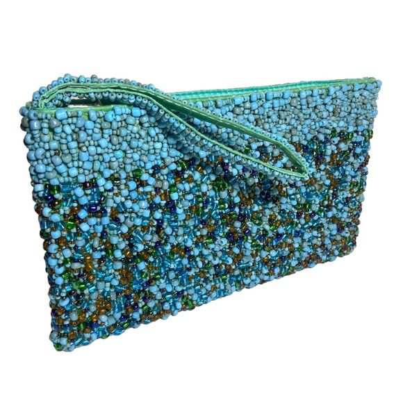 Handcrafted Beaded Clutch Bag Turquoise & Brown Beads Boho Chic Evening Purse - Picture 2 of 9